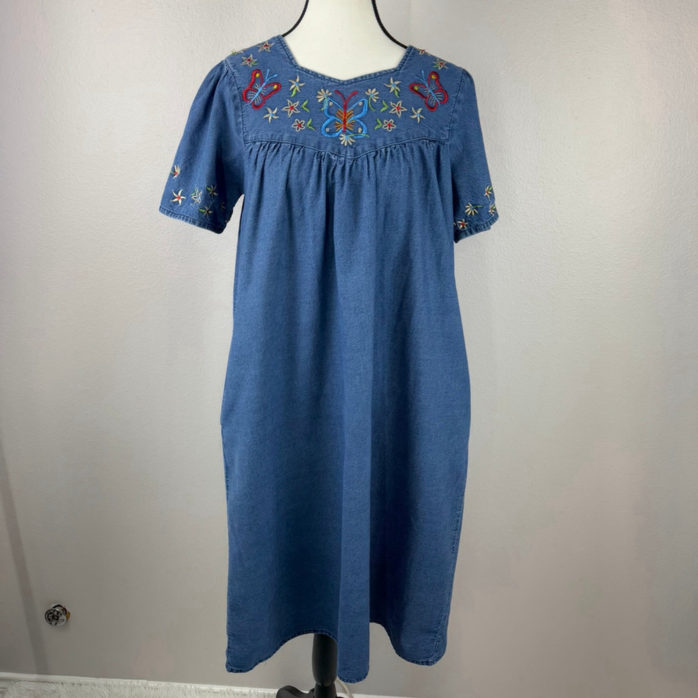 Loungees Vintage Midi Dress Womens S Blue Denim Cottagecore Embroidered Floral - Picture 2 of 11